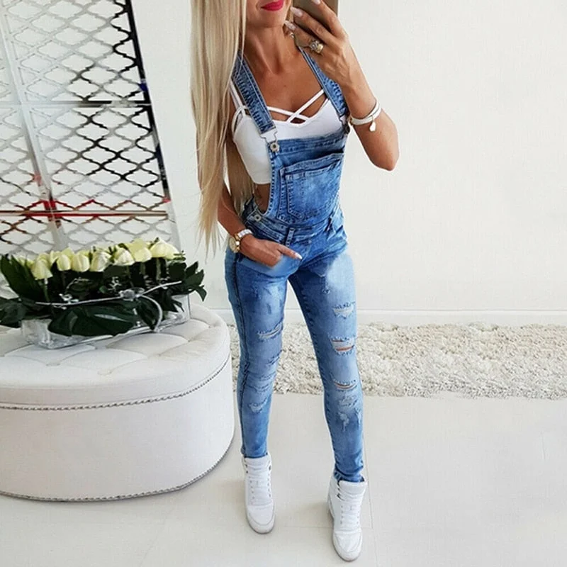 Denim Overalls Jeans Women Fashion Skinny Casual Ripped  Jumpsuit Jeans Bib Full Length Jumpsuits Summer Tight Trousers