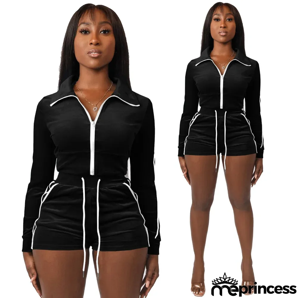 Women's Side stripes Zip Slim Fit Long Sleeve Crop Top Shorts Two-Piece Set