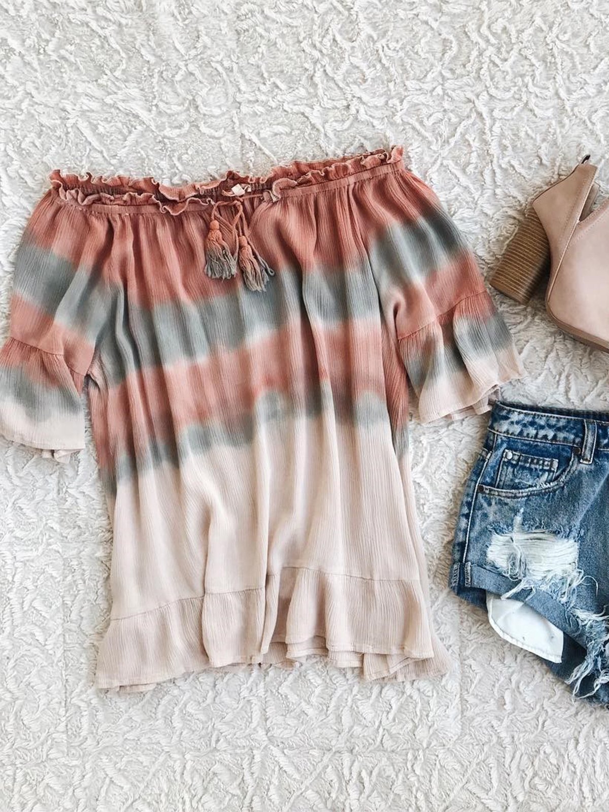 Multicolor Short Sleeve Off Shoulder Causal Tops