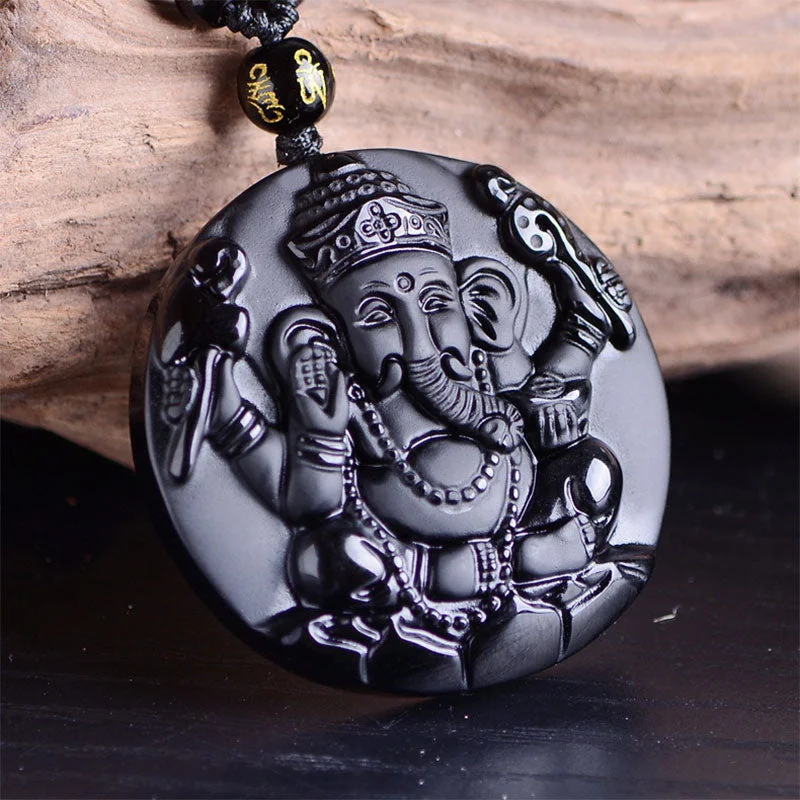 Black Obsidian Ganesh Ganpati Elephant Protection Pendant Necklace