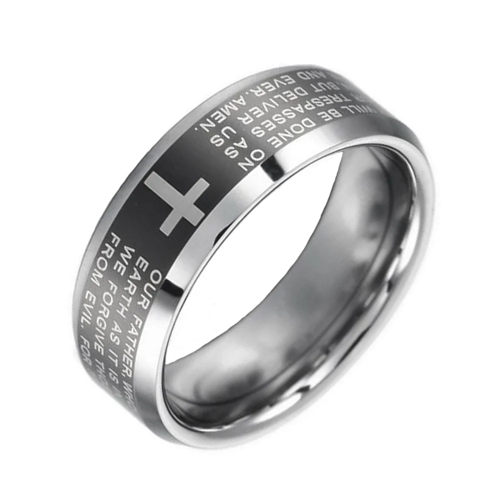 6MM 8MM Black Cross Bible Tungsten Rings Bevel Edge Polished Finished Width For Mens