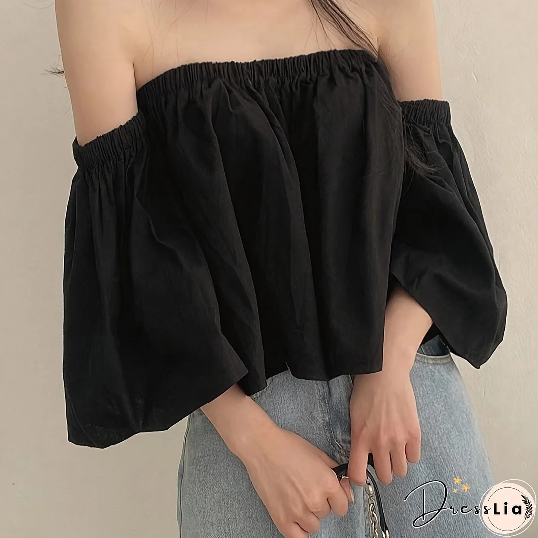 Solid Off Shoulder Blouse, Casual Puff Sleeve Blouse For Summer & Spring, Women's Clothing