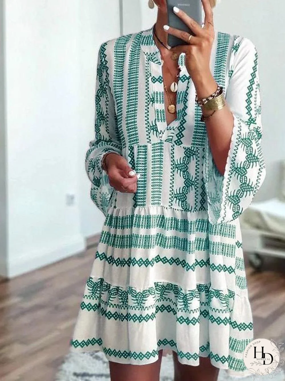Women'S Dresses Bohemian Print Long Sleeve Mini Dress