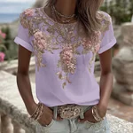 Women's Vintage Pink Rose Embroidery Art Round Neck Short Sleeve Linen Blend T-shirt - Image 4