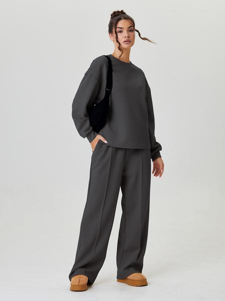 Women's Casual Solid Color Loose Long Sleeve Top & Exposed Stitches Trousers Co-ord Women's Casual Solid Color Loose Long Sleeve Top & Exposed Stitches Trousers Co-ord