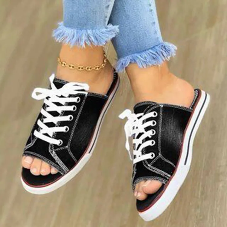 Breakj Breakj Big Goods Have Come Out Of The New 2023 Summer Canvas Korean Version Of Women's Cool Drag One-Word Drag Heel Sandals Denim Shoes