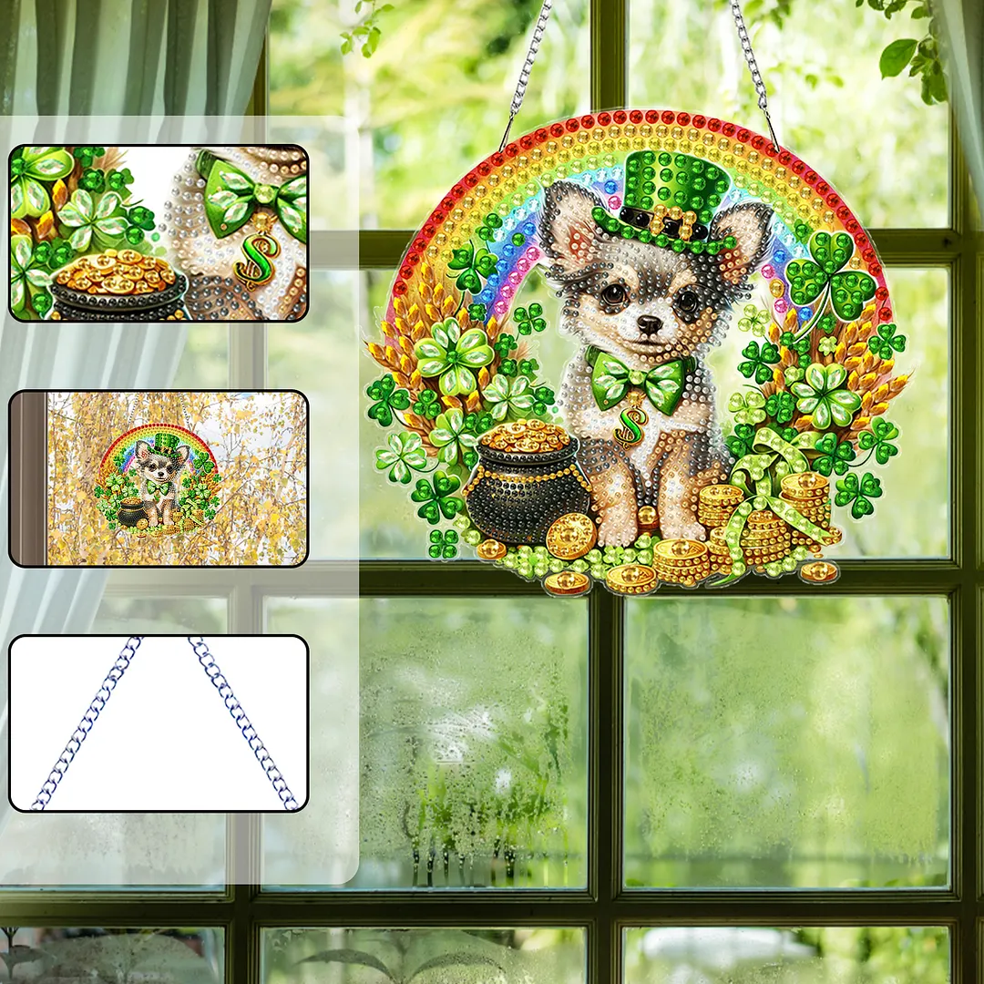 St Patricks Day Dog DIY 2D Flat Acrylic Diamond Painting Kits 5D Diamond Art Painting Window Pendants for Home Garden Wall Decoration