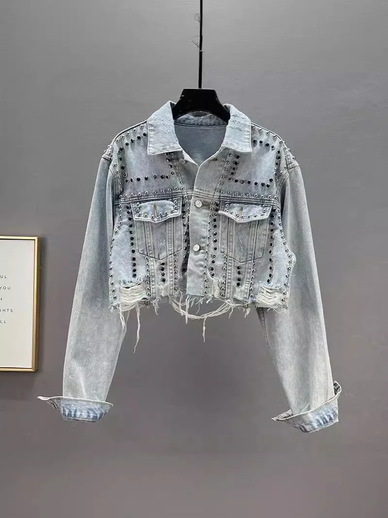 Woherb New Station Heavy Industry Rivet Set Diamond Denim Jacket Female Worn Nail Bead Jacket Jacket-Outfit Ideas