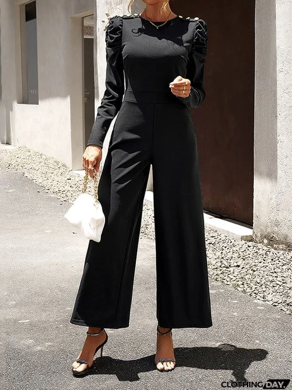 Bishop Sleeve High Waisted Buttoned Pleated Solid Color Round-Neck Jumpsuits