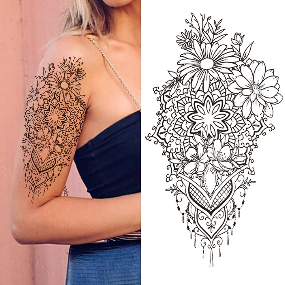 Large Death Skull Snake Flower Temporary Tattoos For Women Men Adult Skeleton Fake Rose Tattoo Sticker Black Peony Body Tatoo