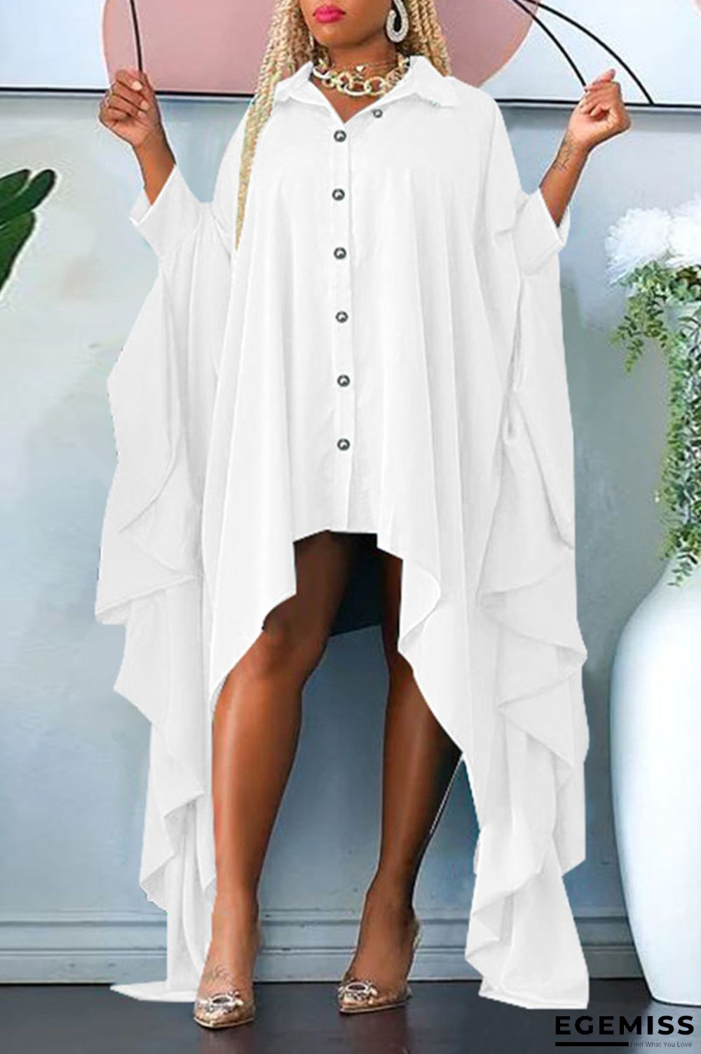 White Casual Solid Patchwork Buckle Asymmetrical Turndown Collar Irregular Dress Plus Size Dresses | EGEMISS