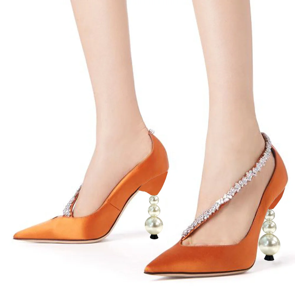 Orange Satin Pumps Pointed Toe Rhinestone Decor Pearl Decorative Heels Nicepairs