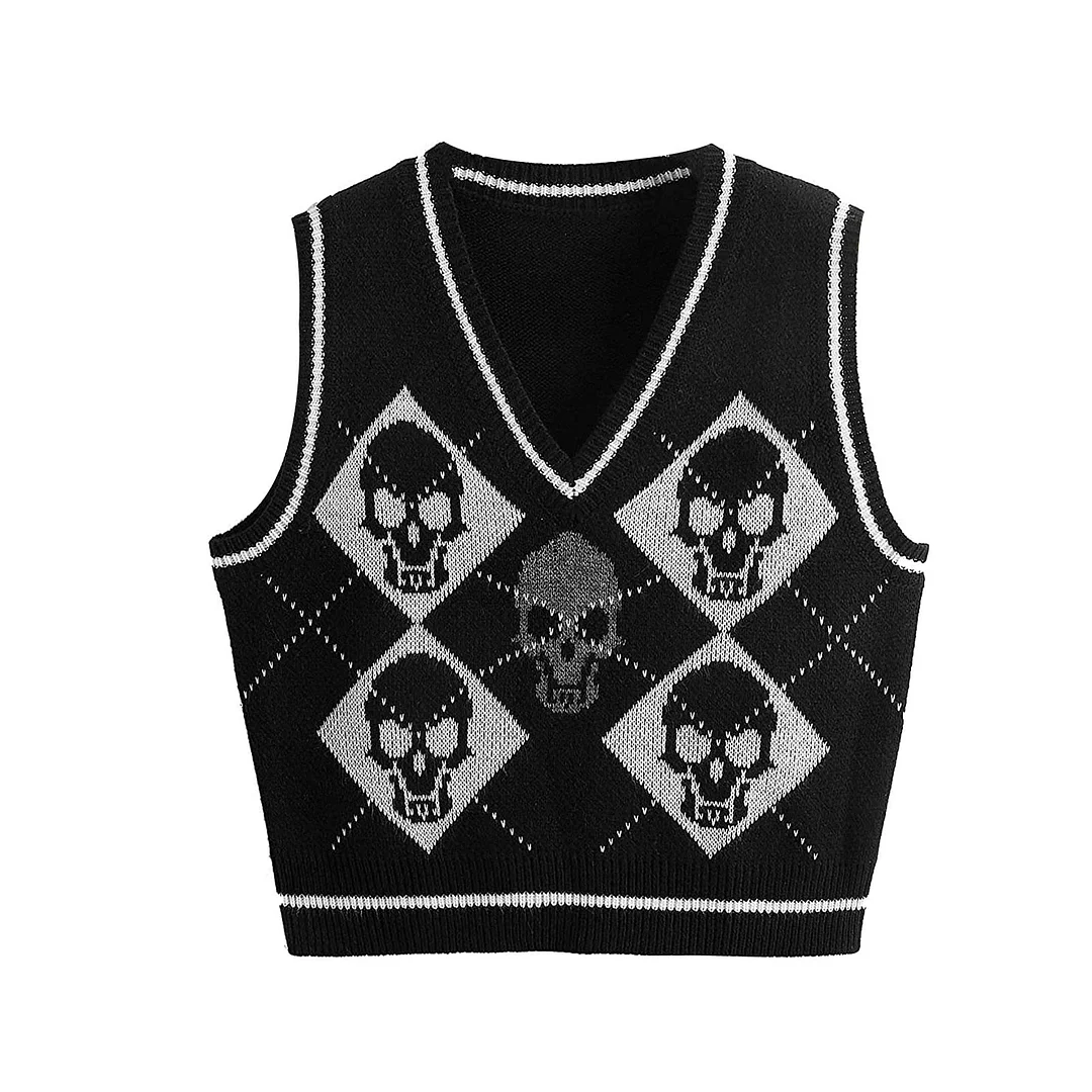 y2k Gothic Knit Sweater Vest Skull Argyle Print Pattern Knitwear V-neck Pullover Fashion Jumper Top Women Halloween Streetwear
