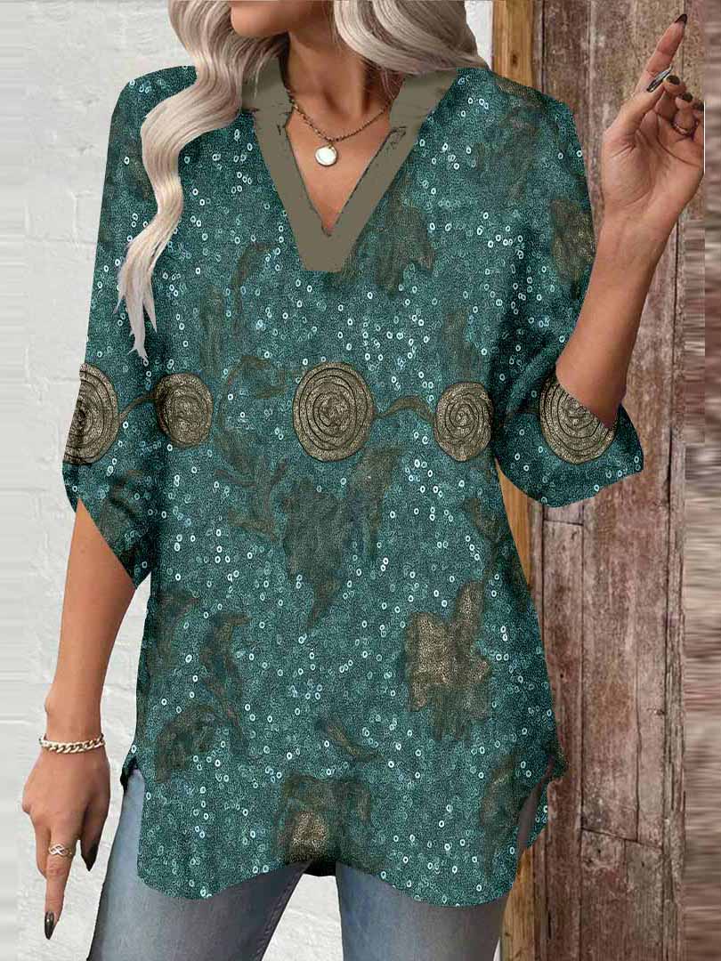 Women Blue, Flowers, Shiny DZGA0397 3/4 Sleeve V-neck Printed Graphic Button Tops