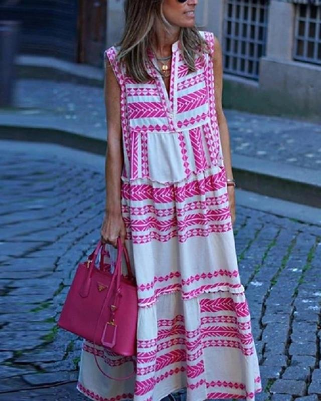 Women's Swing Dress Maxi Long Dress Sleeveless Geometric Print Spring Summer Boho Blushing Pink