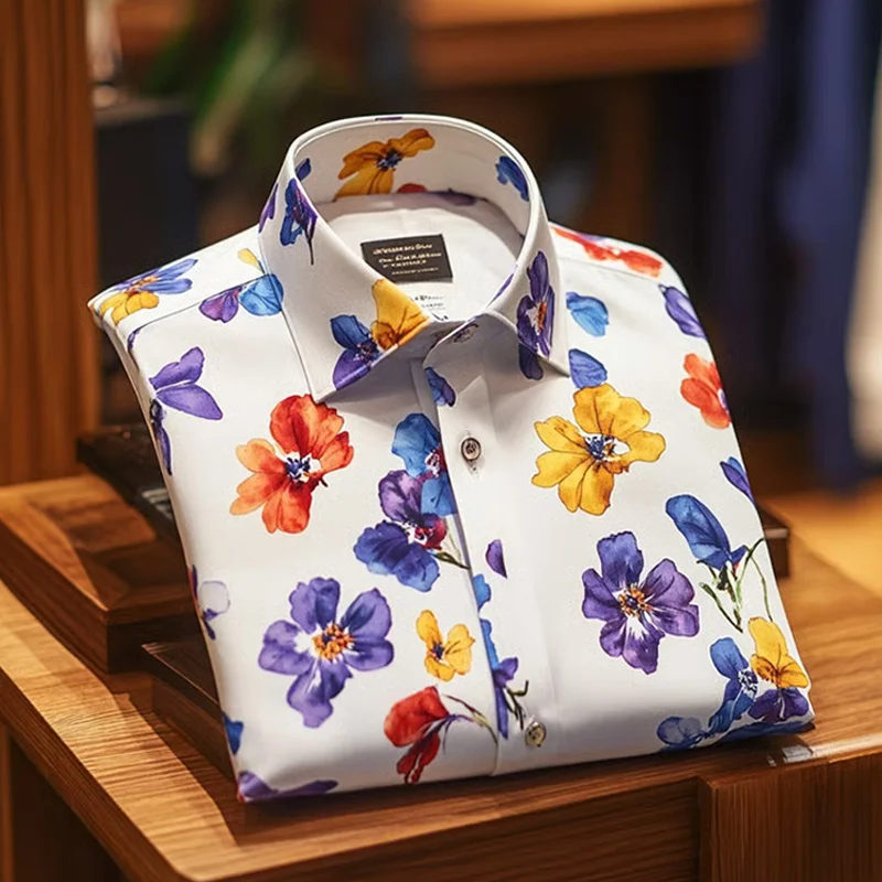 Men's Business Casual Floral Print Long Sleeve Polo Shirt