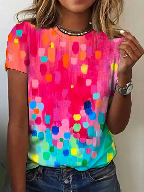Gradient Printed Short Sleeves Round-Neck T-Shirts Tops