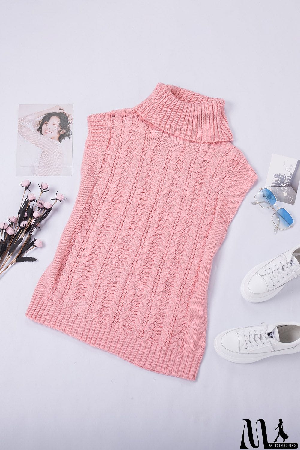 MidiSono - Casual Pink Turtleneck Braided Knitted Vest