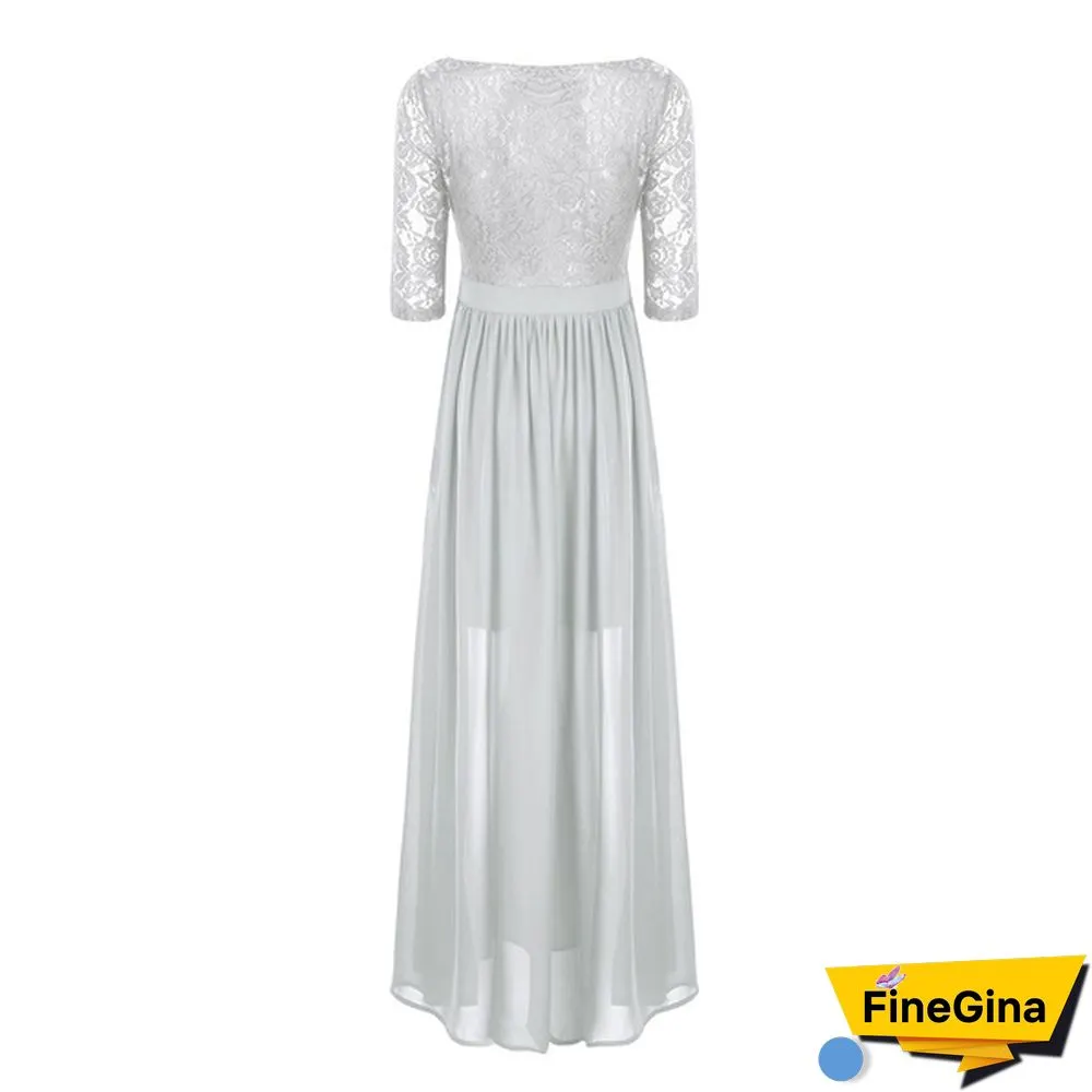 Womens Half Sleeved Embroidered Lace Top Front Slit Chiffon Wedding Bridesmaid Gown Prom