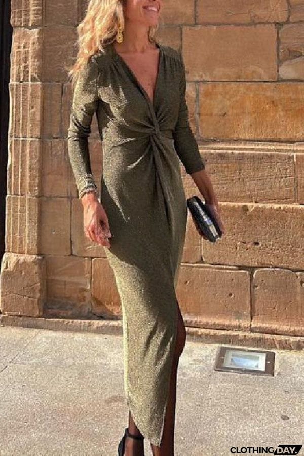 Outshine You Metallic Center Front Kink Slit Stretch Midi Dress