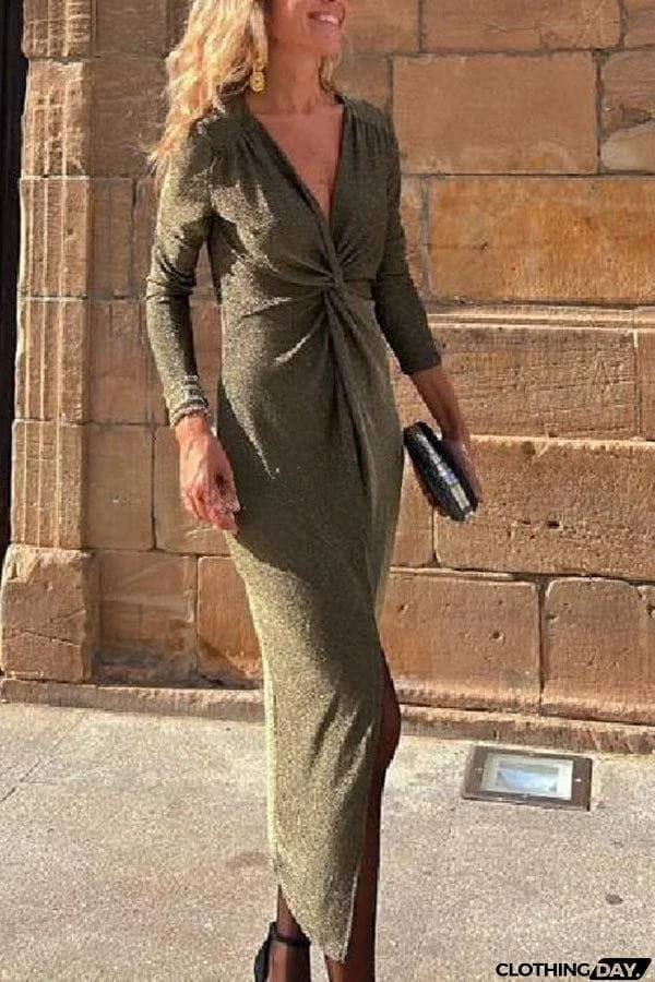 Outshine You Metallic Center Front Kink Slit Stretch Midi Dress