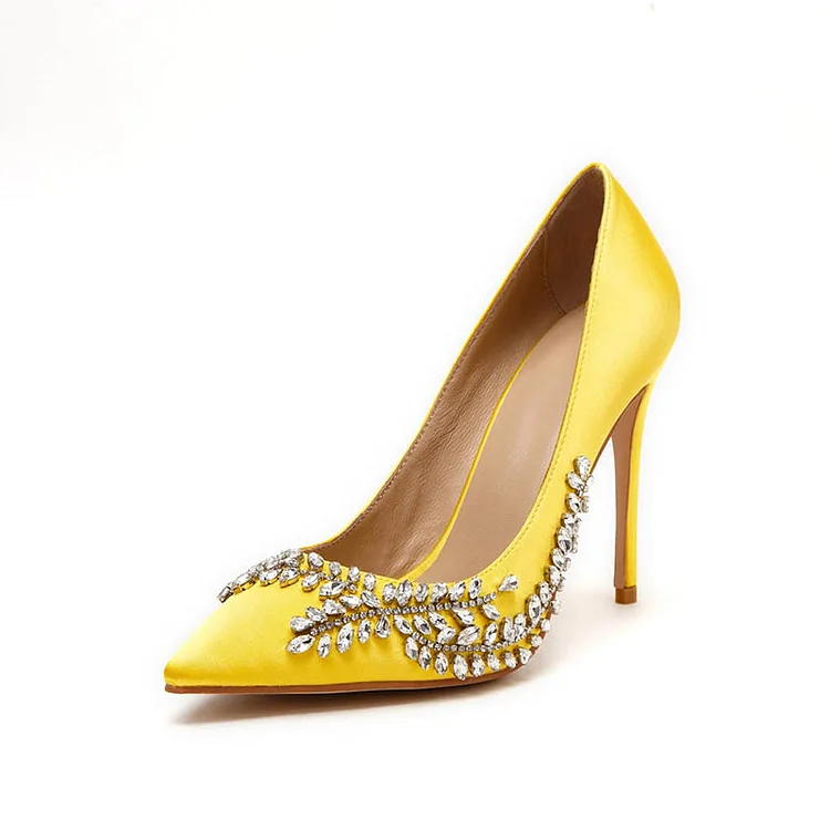 Women's Yellow Pointed Satin Pumps Stiletto Heel Rhinestones Shoes |FSJ Shoes