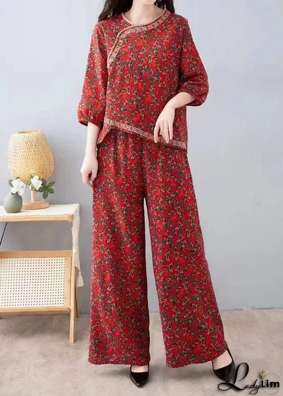 French Red Print Tops And Pants Cotton Two Pieces Set Half Sleeve