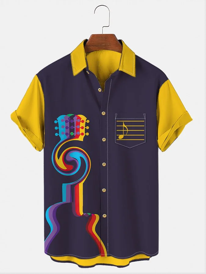 Men's Vintage Jazz Instrument Print Striped Short Sleeve Hawaiian Shirt
