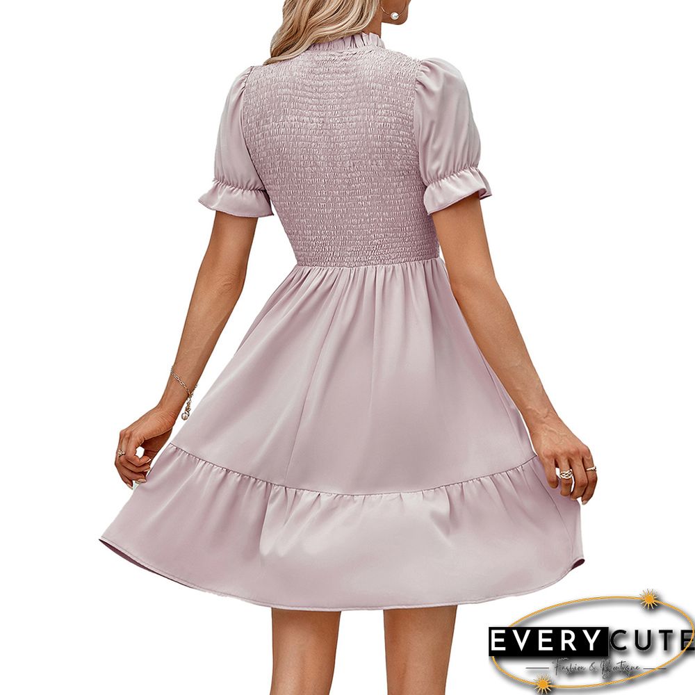 Light Pink Stand Neck Pleated Short Sleeve Dress