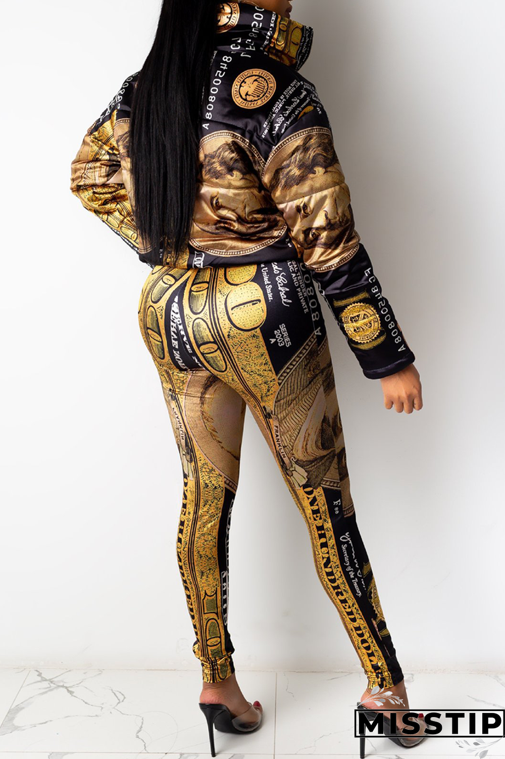 Coffee Sexy Print Patchwork Turndown Collar Long Sleeve Two Pieces