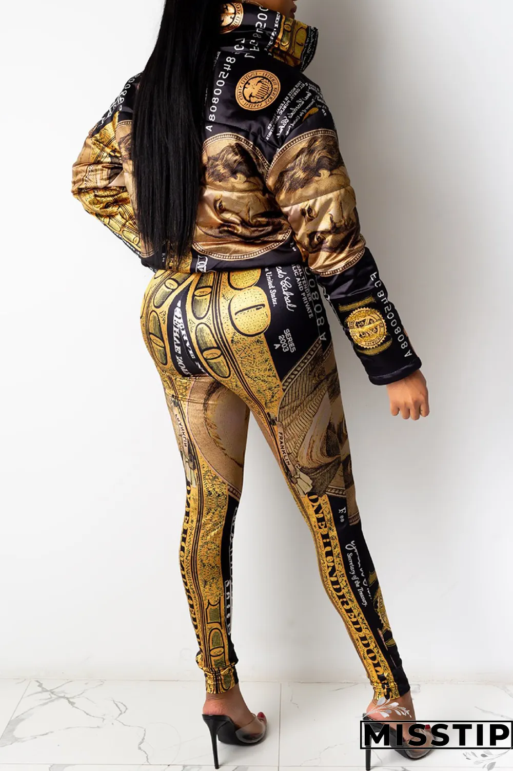 Coffee Sexy Print Patchwork Turndown Collar Long Sleeve Two Pieces