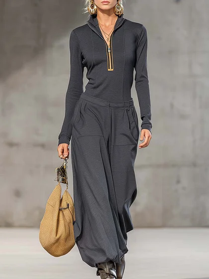 Casual Retro Sports Dark Gray Half-high Collar Front Zipper Long-sleeved Top And Wide Pants Set