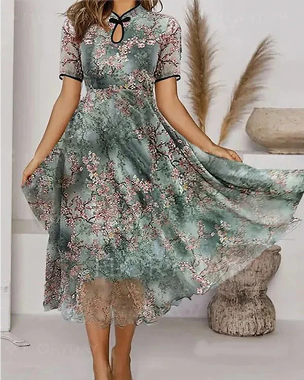 Round Neck Casual Sexy Pleated Print Dress