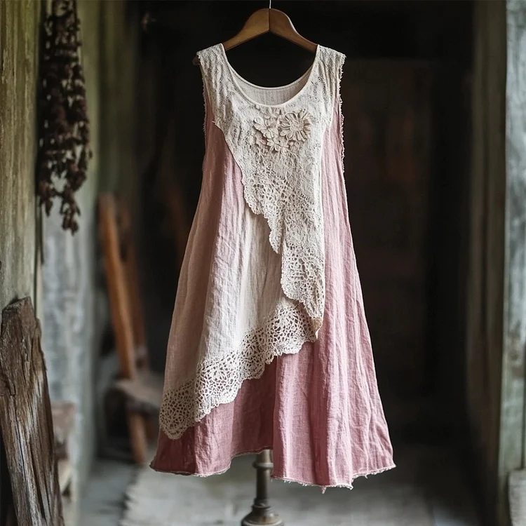 Vintage Lace Patchwork Cozy Linen Tank Dress