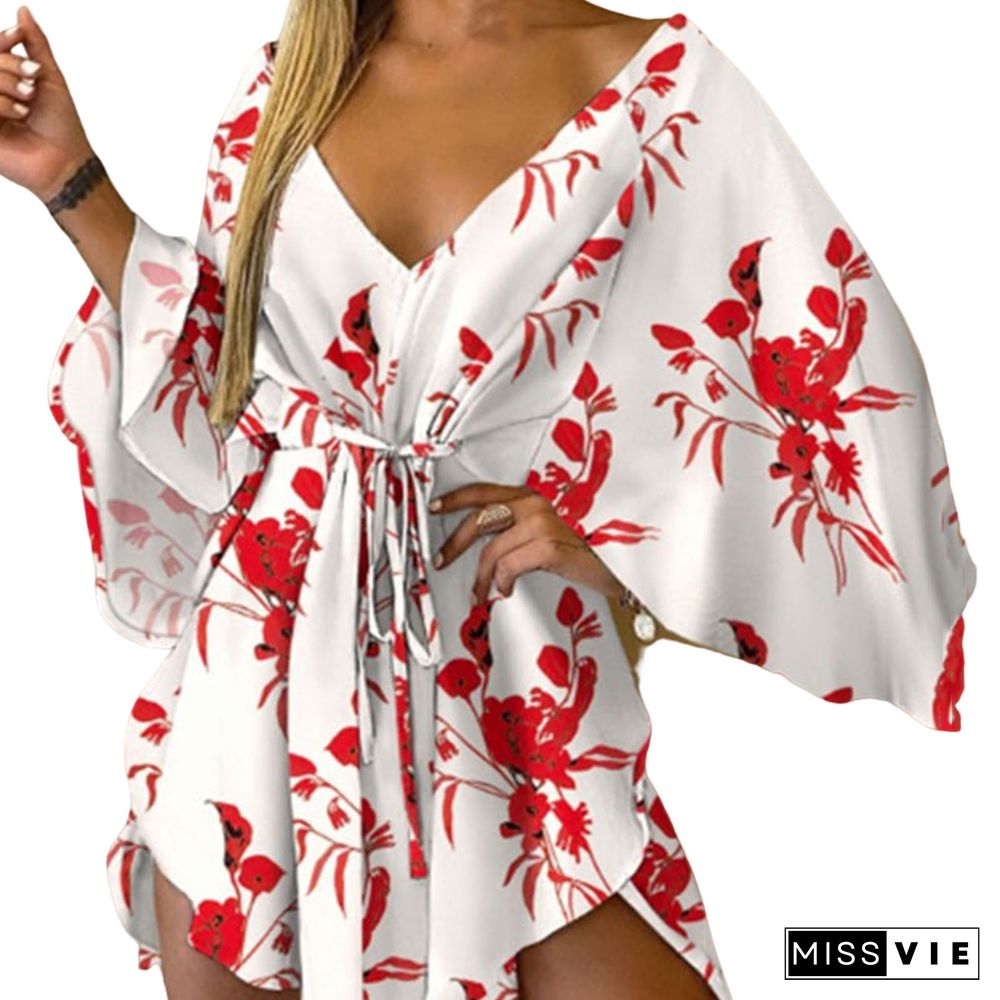 V-Neck Leaf Print Party Women Elegant Lace-Up Waist Casual Irregular Beach dress sexy
