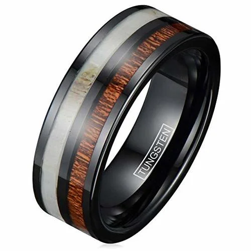 Women's Or Men's Tungsten Carbide Wedding Band Matching Rings,Black with Deer Antler and Brown Koa Wood Inlay Comfort Fit Tungsten Carbide Ring With Mens And Womens For Width 4MM 6MM 8MM 10MM
