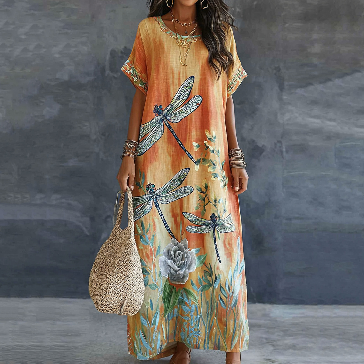 Comstylish Retro Dragonfly And Floral Pattern Linen Maxi Dress