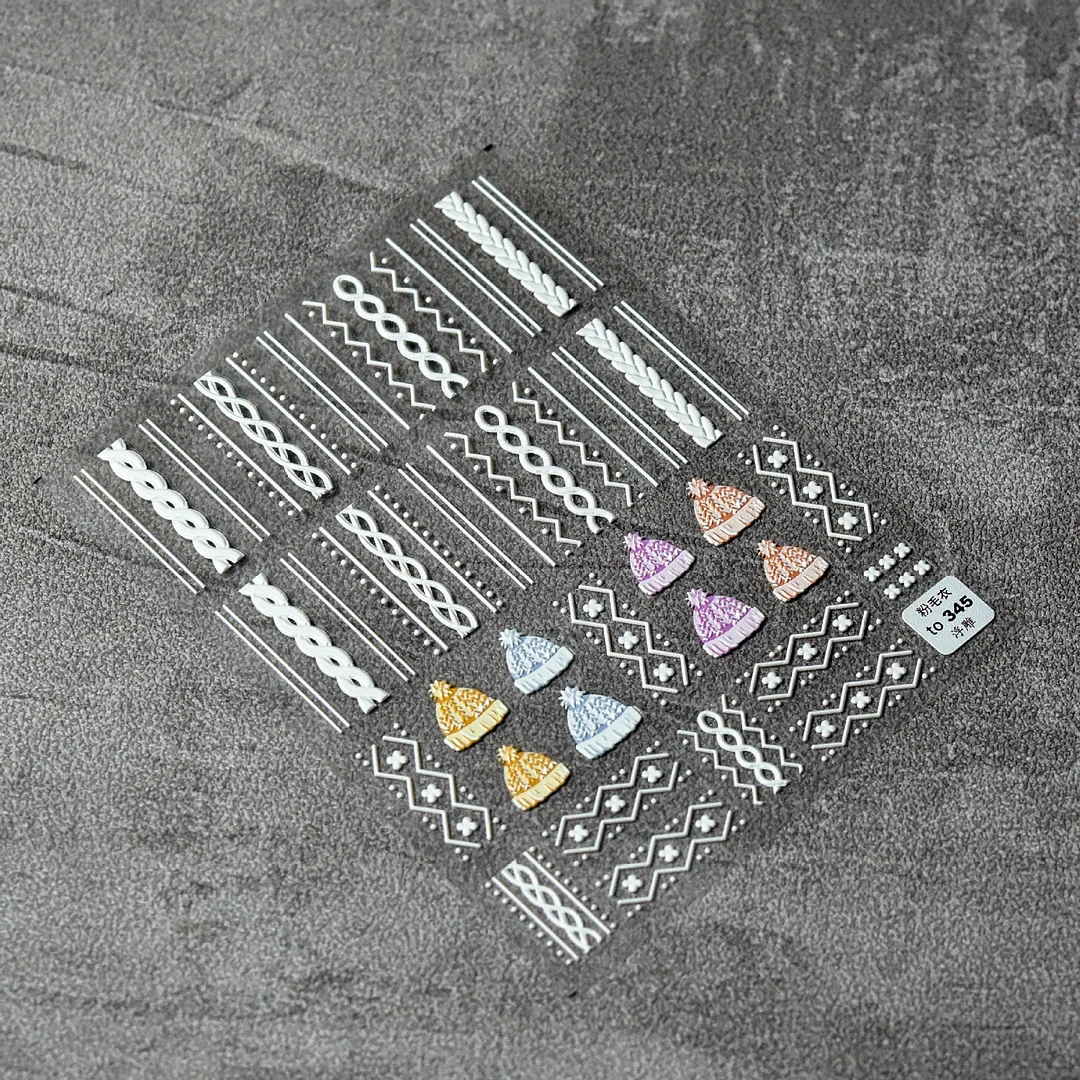 1pc Winter Knit Sweater Cloth Pattern 5D Nails Decal Engraved Embossed Nail Art Adhesive Decals For New Year Valentines Gifts-Nail Inspo