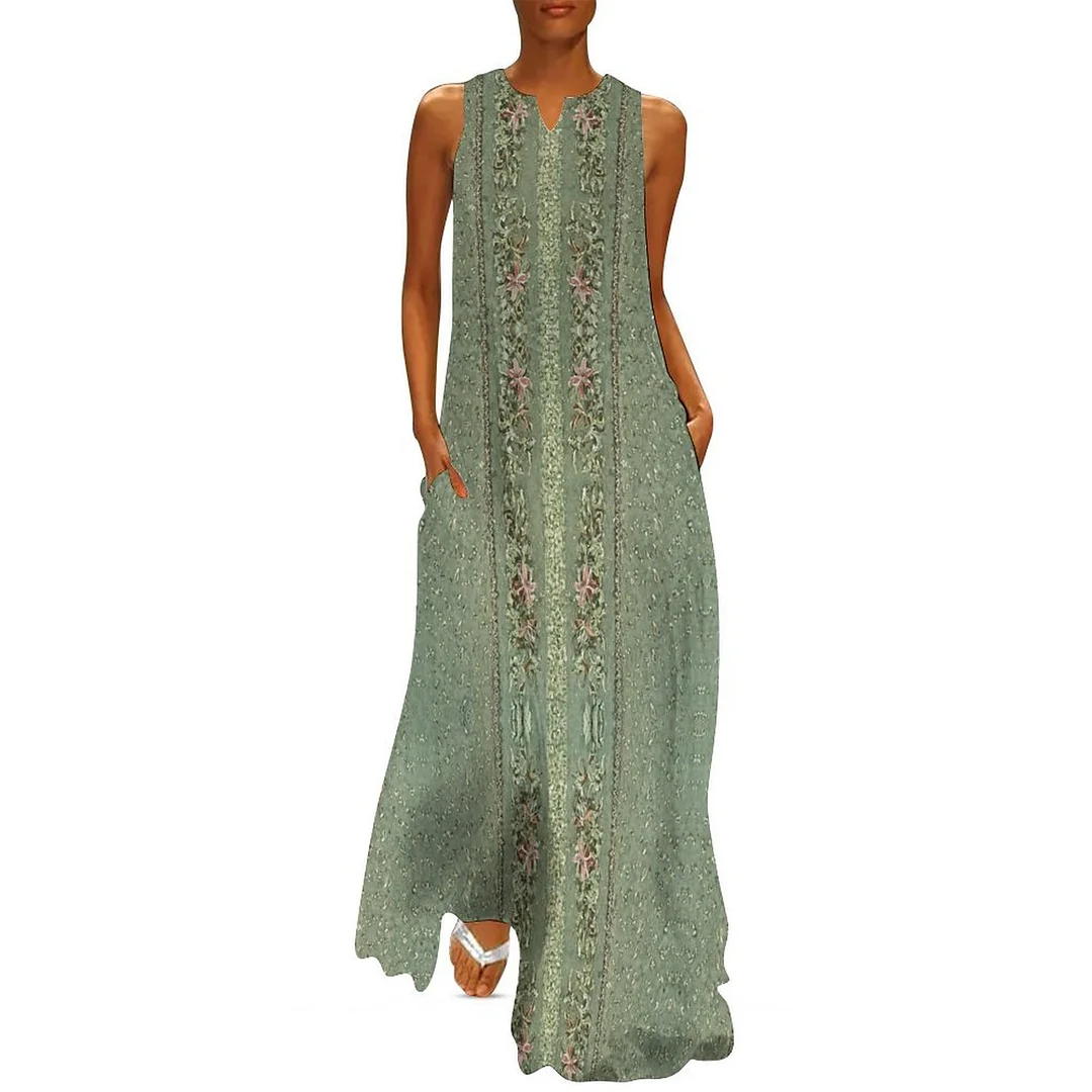 Style & Comfort for Mature Women Plus Size Printed Sleeveless Casual Women Maxi Dress with Pockets in Pattern Green, Floral, Vintage