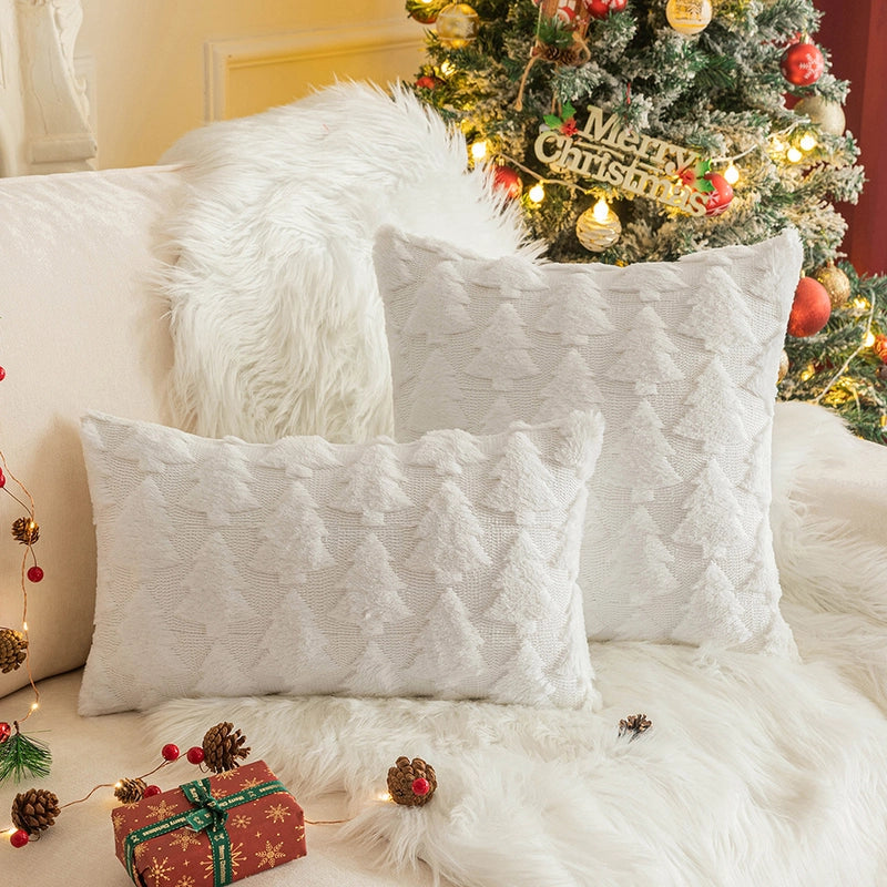 Christmas Pillow Case Plush Snowflake Christmas Tree Embroidered Hair Living Room Sofa Cushion Holiday Party Decorative Pillow Case