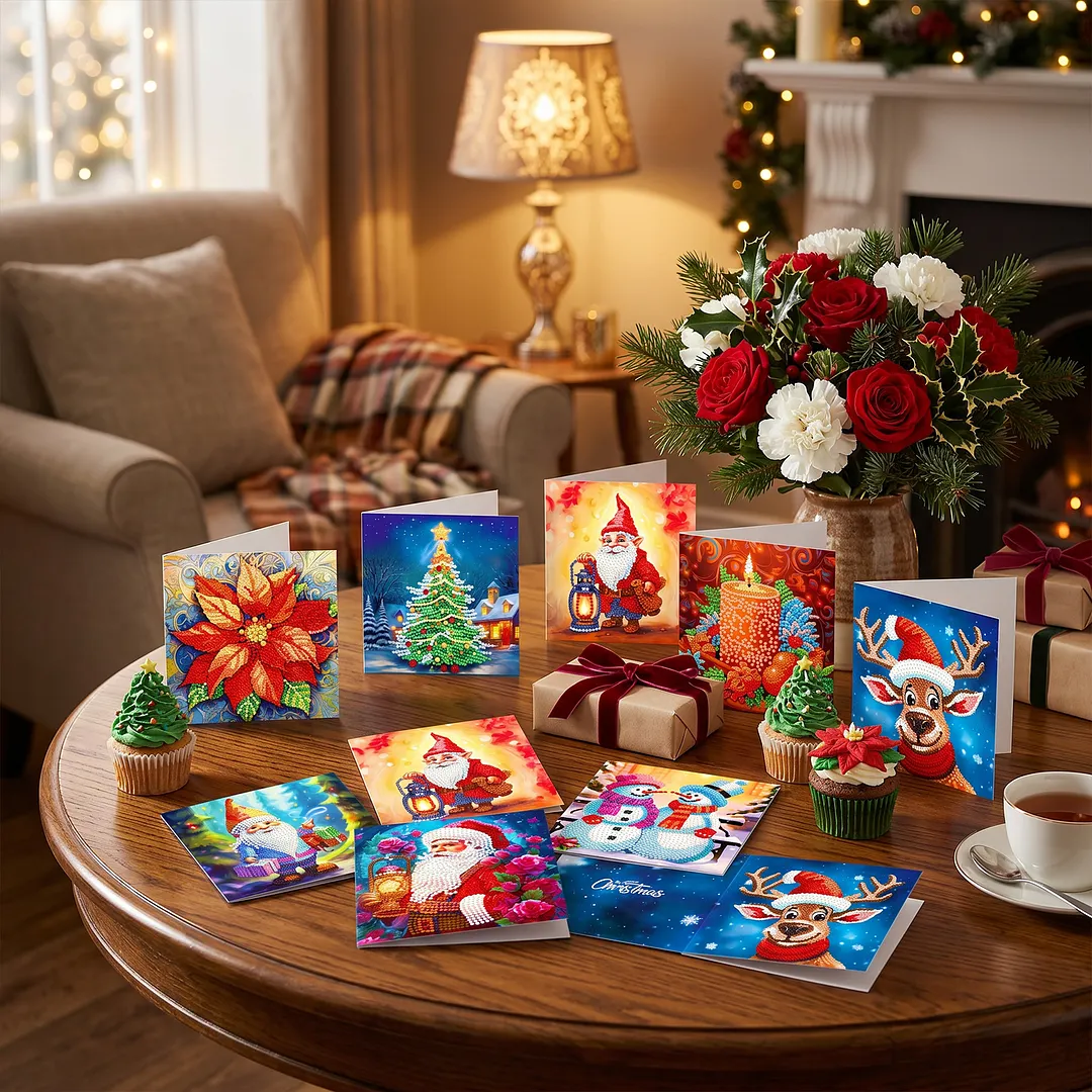 8Pcs Christmas Goblin DIY Diamond Painting Greeting Card Set with Envelopes Crystal Painting Art Greeting Cards for Beginner Adult Holiday Crafts Gifts