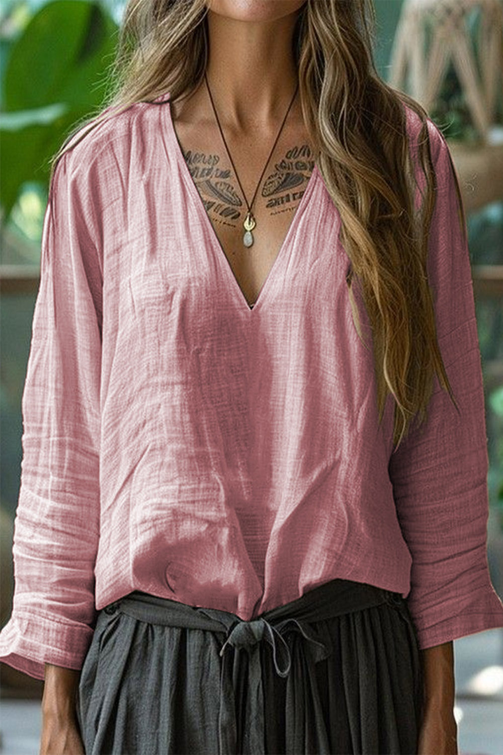 Plus Size Everyday Pink Cotton And Linen Long Sleeve Solid T-Shirt 2024 - Flycurvy 
