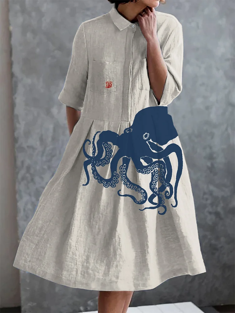 Vintage Octopus Print Casual Elegant Pocket Half Sleeve Dress