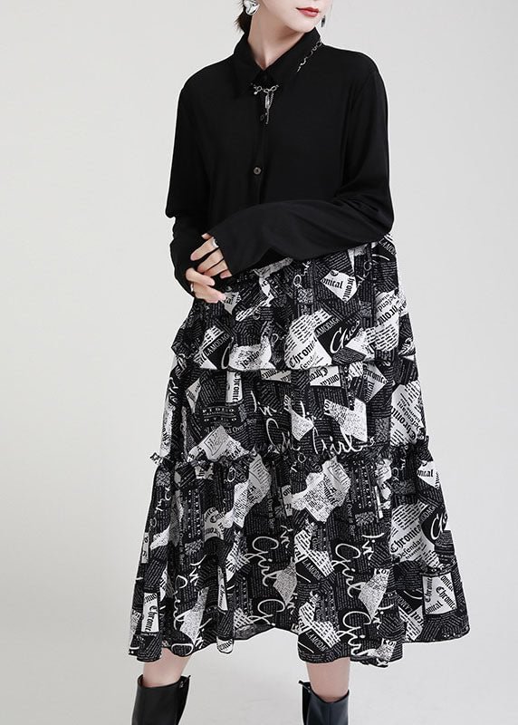 Vintage Black PeterPan Collar Patchwork asymmetrical design Ruffled Fall Dress Long sleeve