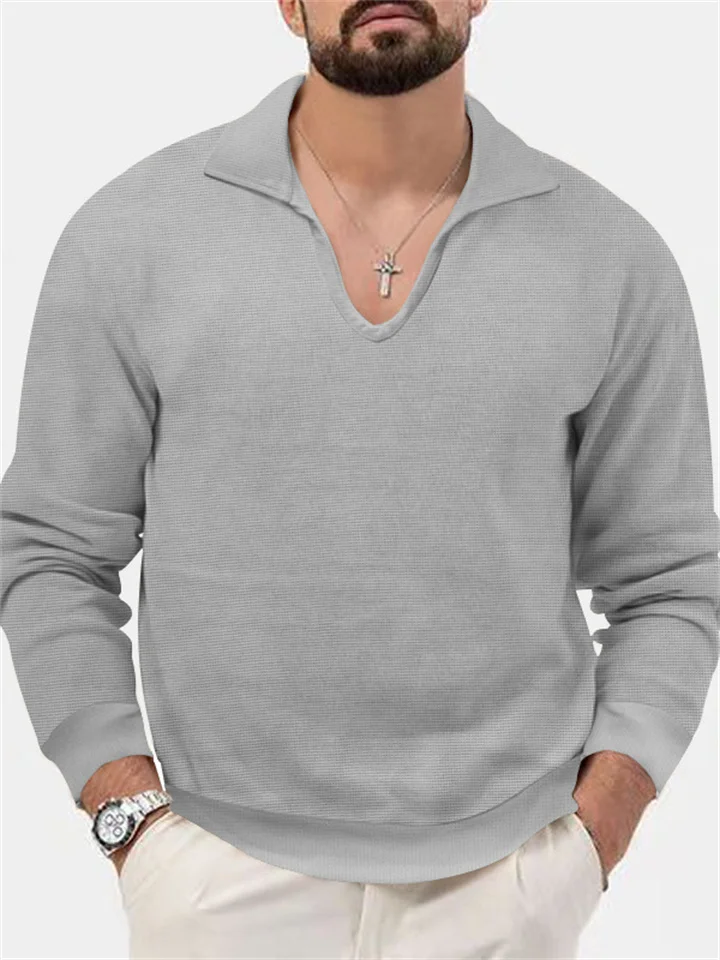 Waffle Men's Pullover Long-sleeved T-shirt Loose Solid Color Slim Lapel Casual Tops S-XXXL