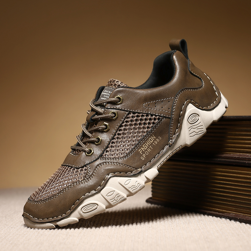 Men's Leather Breathable Mesh Crafted Stitching Retro Sneakers | ARKGET