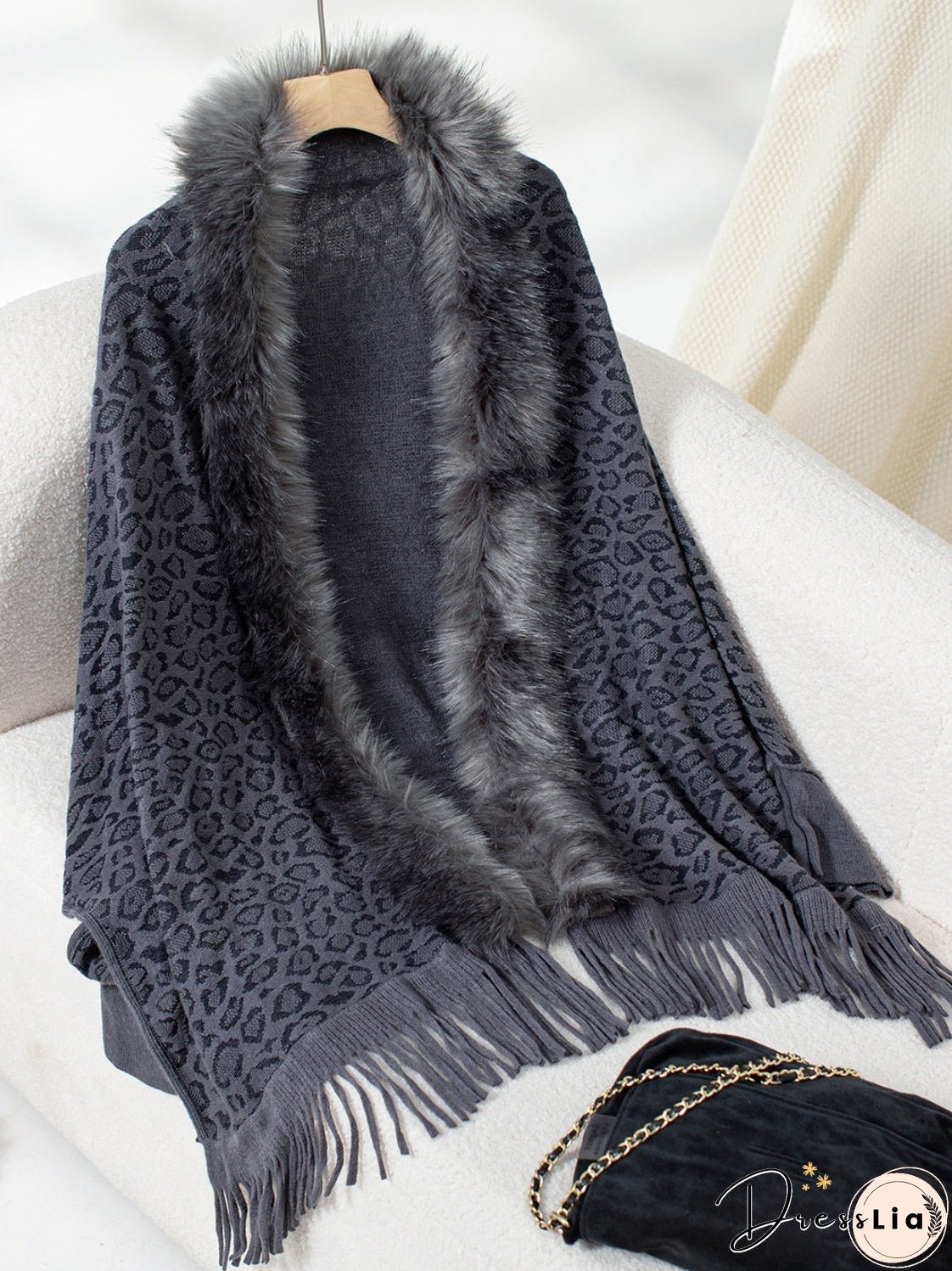 Fringe Leopard Open Front Long Sleeve Poncho