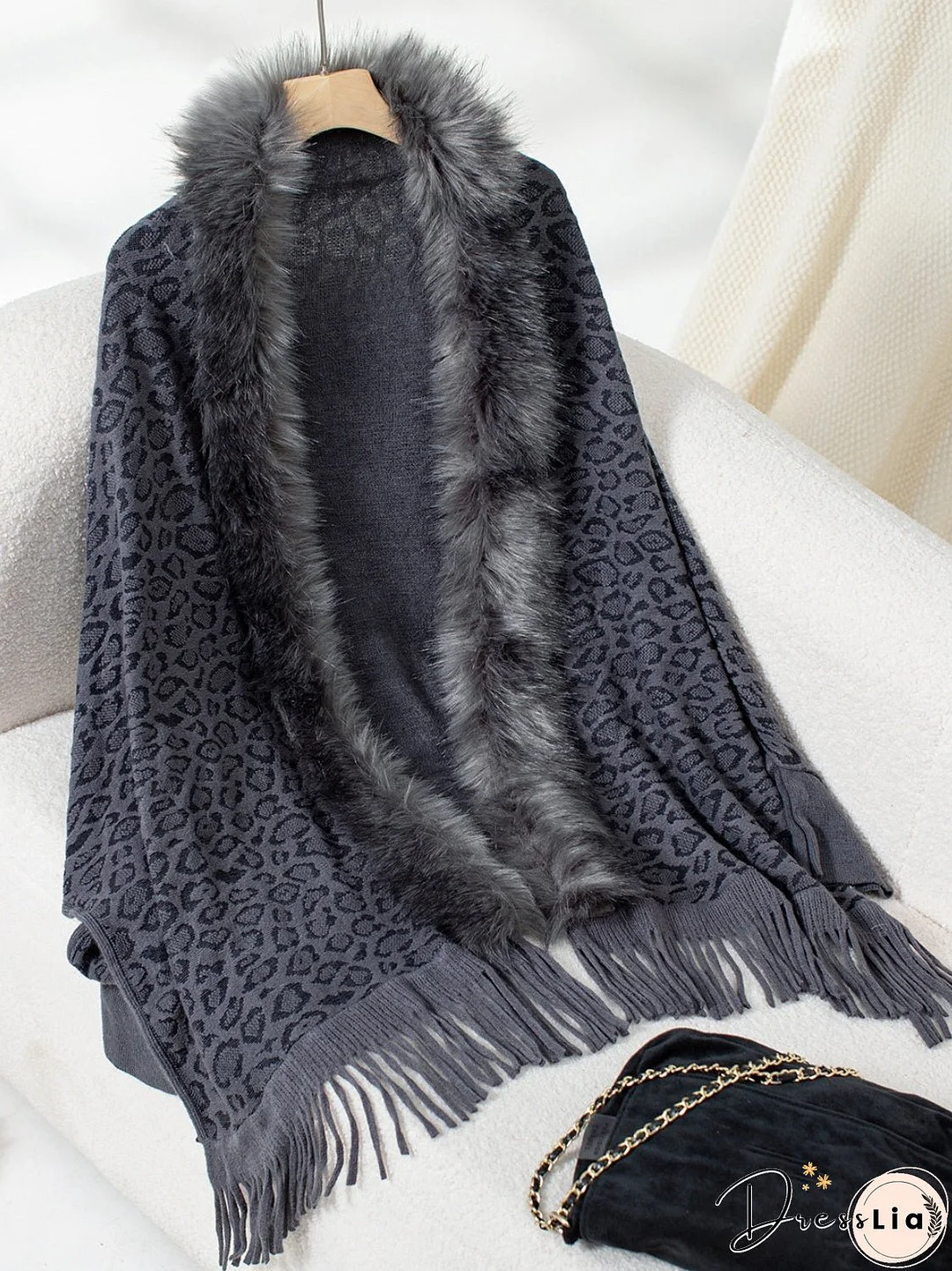 Fringe Leopard Open Front Long Sleeve Poncho
