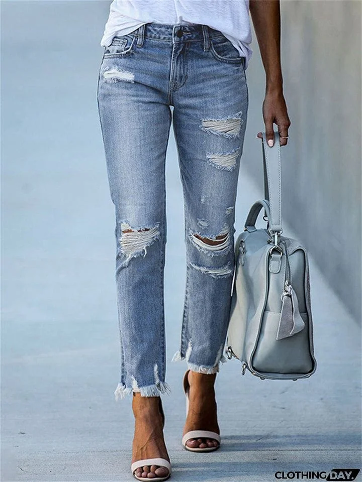 Women's Casual Cozy Elastic Denim Ripped Jeans