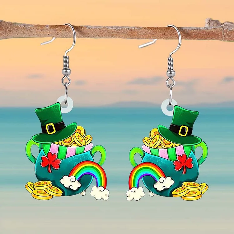 St. Patrick's Day Rainbow Clover & Golden  Coin Jar Earrings
